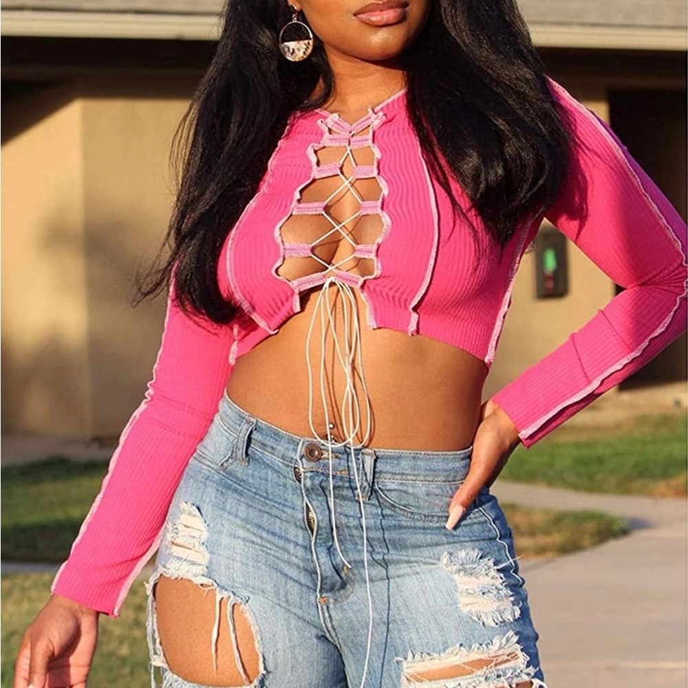 Sexy Rose Red Cropped Fit Long Sleeve With Exposed Seams Crop Shirt ❌ LAST 1 ❌